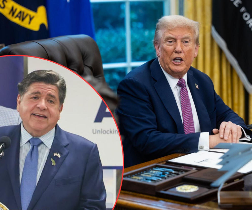 Kolaż przedstawiający Donalda Trumpa siedzącego za biurkiem i gubernatora J.B. Pritzkera przemawiającego. W artykule na naszym portalu przeczytasz o apelu Trumpa do Pritzkera w sprawie przemocy w Chicago i planach rozwiązania problemu przestępczości.