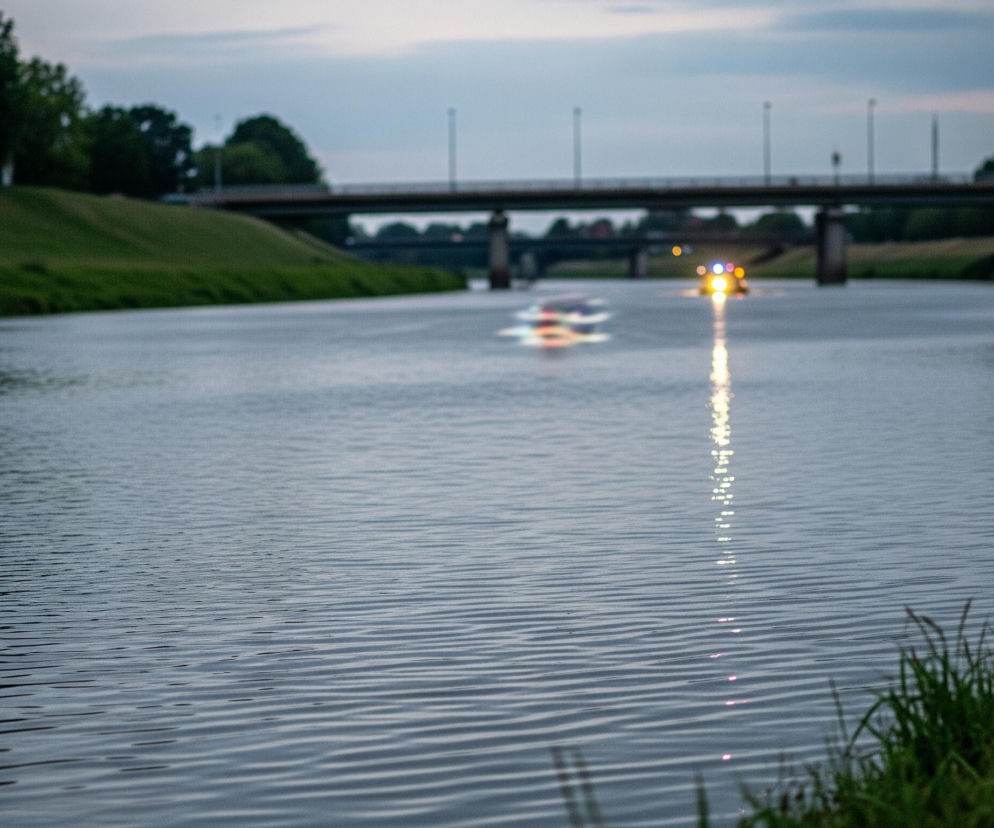 Płynąca rzeka zajmuje centralną część obrazu, z niską perspektywą blisko poziomu wody, która jest delikatnie pofalowana. Na prawym brzegu widoczna jest zielona trawa, gęstsza w pierwszym planie, a dalej na obu brzegach rozciągają się zielone skarpy z drzewami. W tle znajduje się most, pod którym przebiega mniejsza konstrukcja, a na rzece widoczne są dwa niewyraźne obiekty z rozmazanymi, kolorowymi światłami odbijającymi się w wodzie.