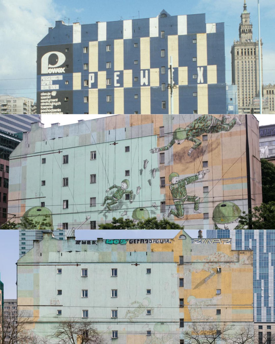 Ścianę w Alei Jana Pawła II w okresie PRL pokrywały reklamy. W 2010 r. powstała tu praca słynnego artysty BLU. Współczesny mural powoli znika, podobnie jak niegdyś znikały malowane slogany.