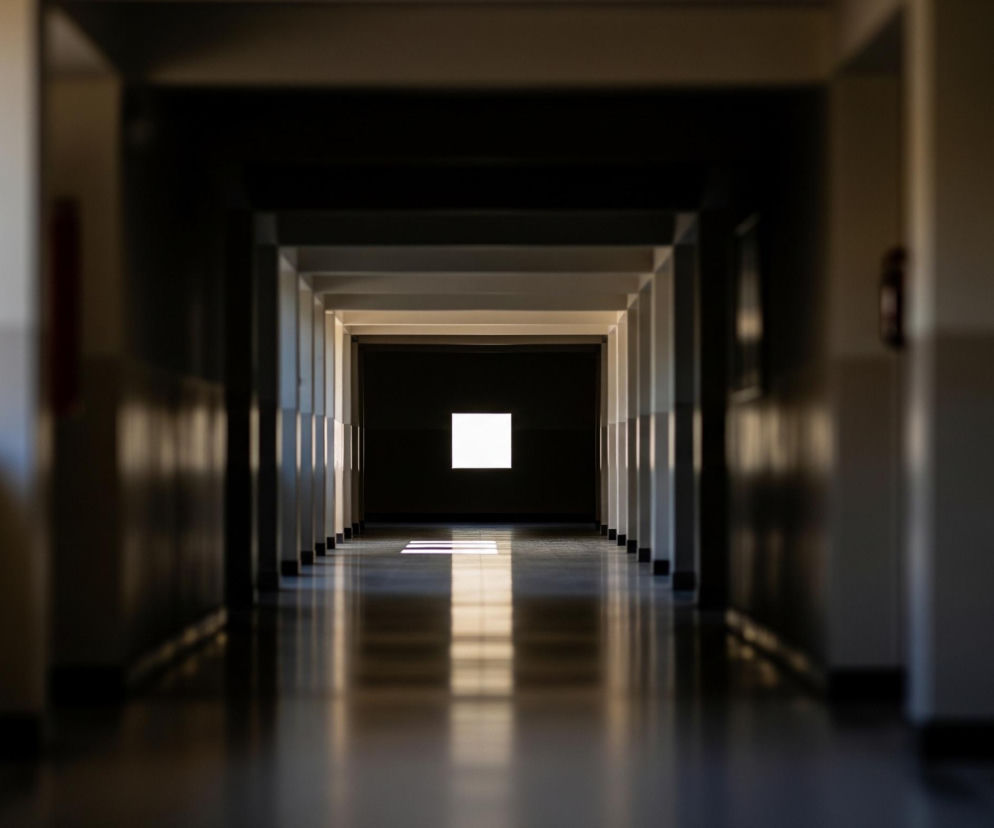 Długi, symetryczny korytarz rozciąga się w głąb obrazu, zbiegając się w kierunku centralnego, jasnego, białego kwadratu na końcu. Ściany boczne korytarza są jasne, ale w dużej mierze zacienione, z pionowymi elementami architektonicznymi rzucającymi regularne cienie, tworząc rytmiczny wzór. Na podłodze widoczna jest wyraźna, wąska smuga światła słonecznego, która rozciąga się od białego kwadratu w kierunku widza, odbijając się od lśniącej powierzchni i rozjaśniając centralną część posadzki. Cała przestrzeń jest utrzymana w stonowanych, ciemnych barwach, z wyjątkiem intensywnego światła na końcu i na podłodze.