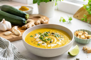 Złota zupa curry z cukinii. Imbir i czosnek tworzą z cukinii w końcówce sezonu coś lepszego niż placki