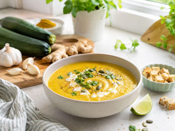 Złota zupa curry z cukinii. Imbir i czosnek tworzą z cukinii w końcówce sezonu coś lepszego niż placki