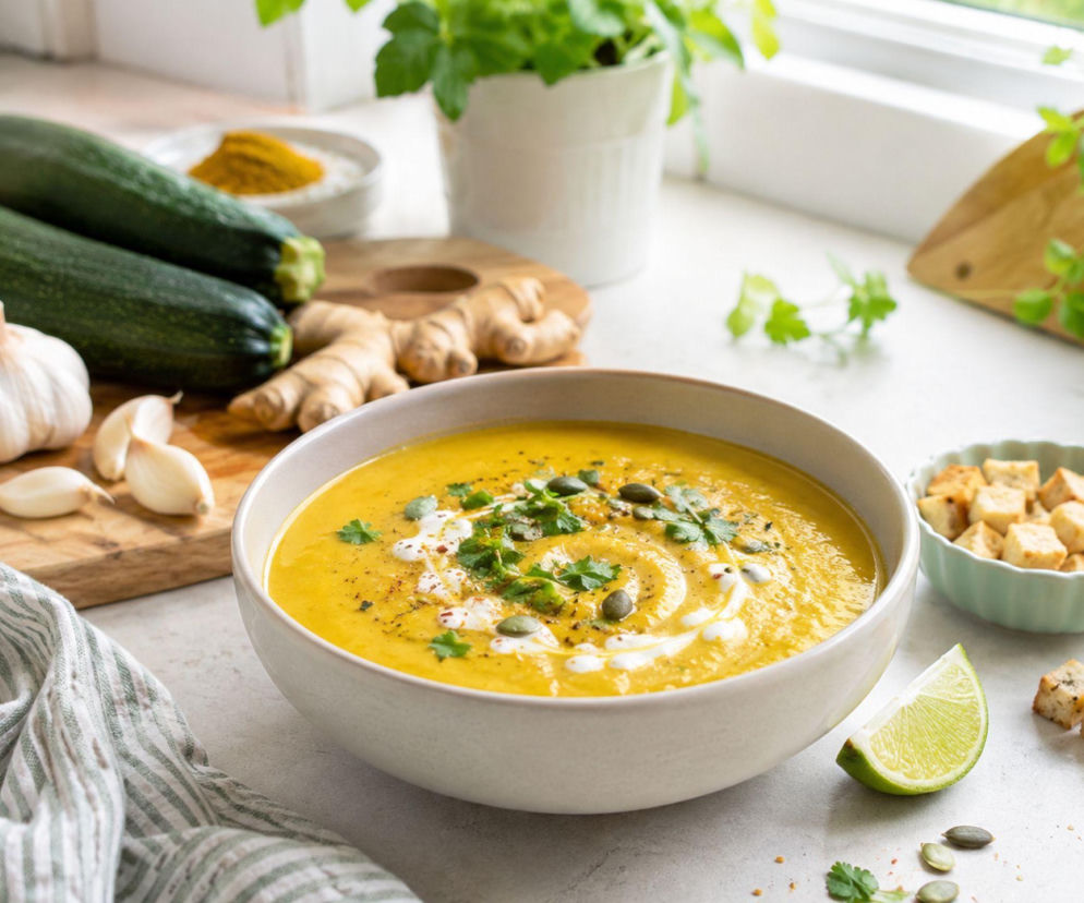 Złota zupa curry z cukinii. Imbir i czosnek tworzą z cukinii w końcówce sezonu coś lepszego niż placki