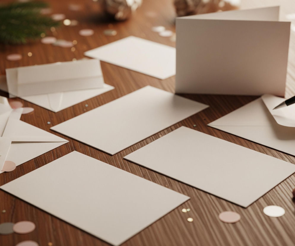 Na brązowym drewnianym stole leży biały papier do pisania kartek, porozrzucane są również elementy świątecznego wystroju. Po prawej stronie kadru widoczna jest ludzka dłoń, trzymająca czarny długopis z srebrnymi elementami, pisząca na jednej z kartek. Stół jest ozdobiony gałązką drzewa iglastego w lewym górnym rogu, szyszką, drobnymi, okrągłymi konfetti w odcieniach różu, szarości i złota oraz małym, brązowym prezentem przewiązanym beżową wstążką w prawym górnym rogu. Większość kartek jest prostokątna, biała i leży płasko na stole, kilka z nich to otwarte białe koperty, a jedna kartka jest złożona na pół i stoi pionowo.