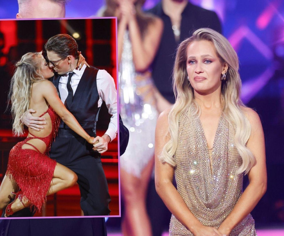 Magdalena Tarnowska w błyszczącej sukience, ze smutnym wyrazem twarzy, stoi na scenie. Obok ramki zdjęcie z namiętnym pocałunkiem z Mikołajem Baginskim w trakcie występu tanecznego. Więcej o ich losach w Tańcu z Gwiazdami przeczytasz na naszym portalu.