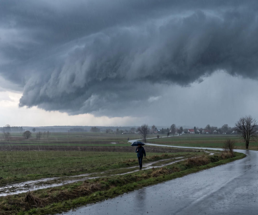 Osoba z parasolem idzie przez pola podczas burzy. Nad nią ciemne chmury szelfowe. O pogodzie przeczytasz na Eska.