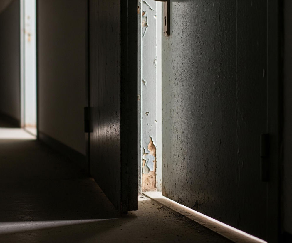 Ciemny korytarz z uchylonymi drzwiami po prawej stronie dominuje w kadrze. Światło wpada przez szczelinę między drzwiami a futryną, a także od spodu, tworząc jasną linię na podłodze i oświetlając wewnętrzną krawędź drzwi, gdzie widać łuszczącą się, bladoniebieską farbę. Dalsze drzwi w głębi korytarza również są lekko uchylone, z wyraźną smugą jasnego światła wpadającego zza nich na podłogę. Wszystkie powierzchnie są ciemne i matowe, co podkreśla efekt rozproszonego światła.