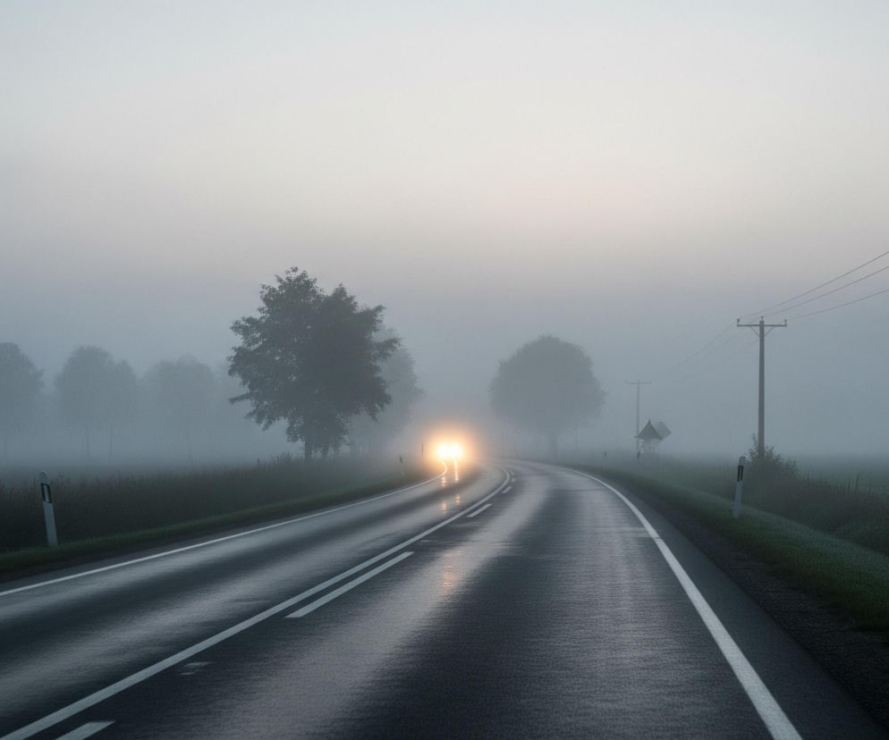 Droga asfaltowa, mokra od deszczu lub rosy, biegnie przez mglisty, wczesny poranek, zakręcając w prawo w oddali. Z oddali wyłaniają się jasne światła nadjeżdżającego samochodu, rzucając świetlistą poświatę na mokrą nawierzchnię. Po obu stronach drogi rozciągają się pola i drzewa, zatopione w gęstej, szarej mgle, która unosi się aż do bladego nieba. Na prawo od drogi widać słup energetyczny z liniami wysokiego napięcia oraz słupki drogowe.