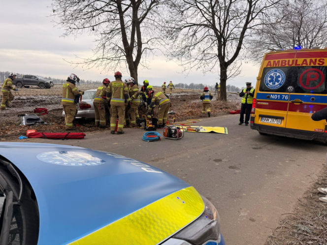Wypadek pod Iławą. Mitsubishi roztrzaskało się na drzewie! Pięć osób rannych, w tym jedna walczy o życie