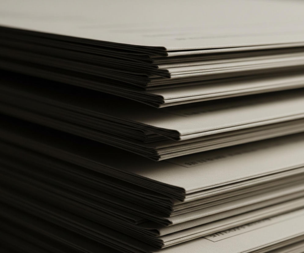 Duży stos beżowych papierowych dokumentów lub kopert ułożonych poziomo, z delikatnie poszarpanymi krawędziami. Górna, prawa część stosu jest oświetlona, podczas gdy lewa i dolna część pozostaje w głębokim cieniu, tworząc kontrast. Na kilku widocznych powierzchniach papieru znajdują się niewyraźne, ciemne napisy, prawdopodobnie tekst.