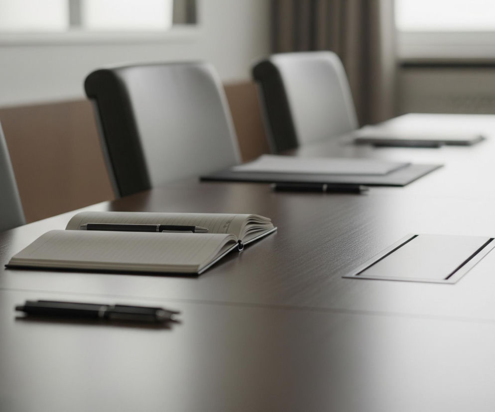 Na pierwszym planie widoczny jest długi, brązowy stół konferencyjny z wyraźnym usłojeniem. Na stole leży otwarty notatnik z pustymi, liniowanymi stronami i długopis w kolorze czarnym z metalicznymi akcentami. Obok, wbudowane w blat, znajdują się dwa prostokątne panele z metalicznym wykończeniem. W tle widać trzy puste krzesła z ciemnoszarym obiciem, ustawione wokół stołu, a za nimi jasna ściana i okno z zasłonami.