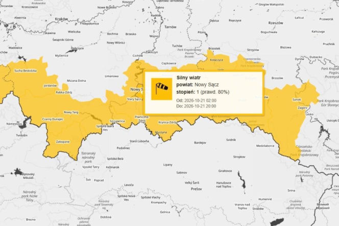 Mapa z żółtym alertem IMGW dla powiatu nowosądeckiego. O ostrzeżeniu przed silnym wiatrem przeczytasz w Eska Nowy Sącz.