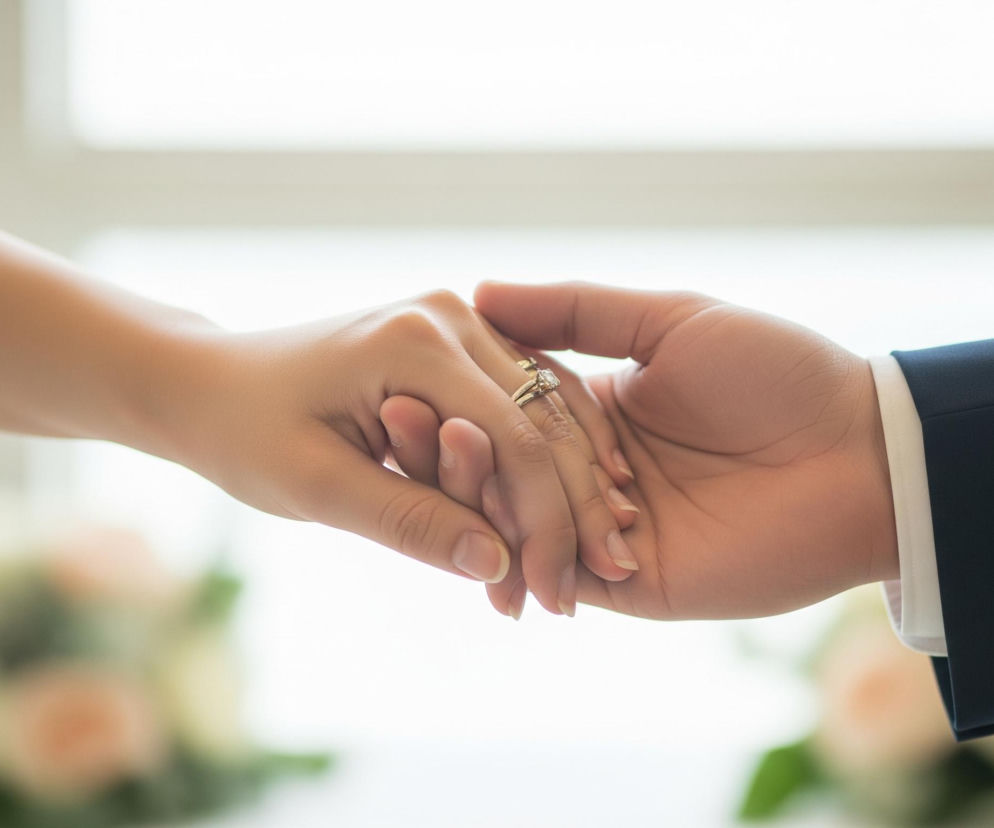 Dłonie kobiety i mężczyzny splecione są w geście uścisku, zajmując centralną część obrazu. Na serdecznym palcu lewej dłoni kobiety widoczny jest pierścionek z dużym, błyszczącym kamieniem osadzonym w złotej lub srebrnej oprawie, obok niego znajduje się dodatkowa cienka obrączka. Prawa dłoń mężczyzny, ubrana w ciemny, granatowy rękaw garnituru z białą mankietą koszuli, delikatnie obejmuje dłoń kobiety. Tło jest jasne, rozmyte, ukazujące niewyraźne kształty prawdopodobnie okien i dekoracji kwiatowych w odcieniach bieli i brzoskwini, po obu stronach dłoni.