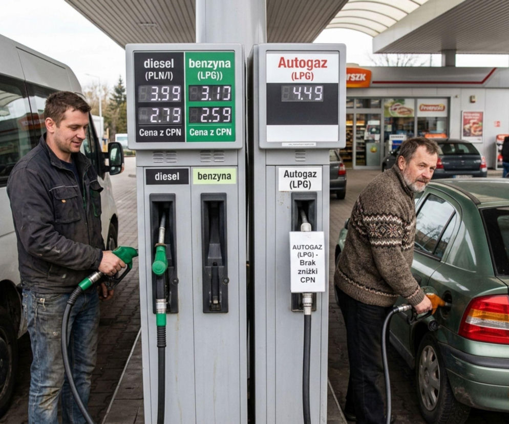 Dwaj mężczyźni tankujący auta przy dystrybutorze. Na LPG brak zniżki CPN, o czym więcej przeczytasz w Eska.