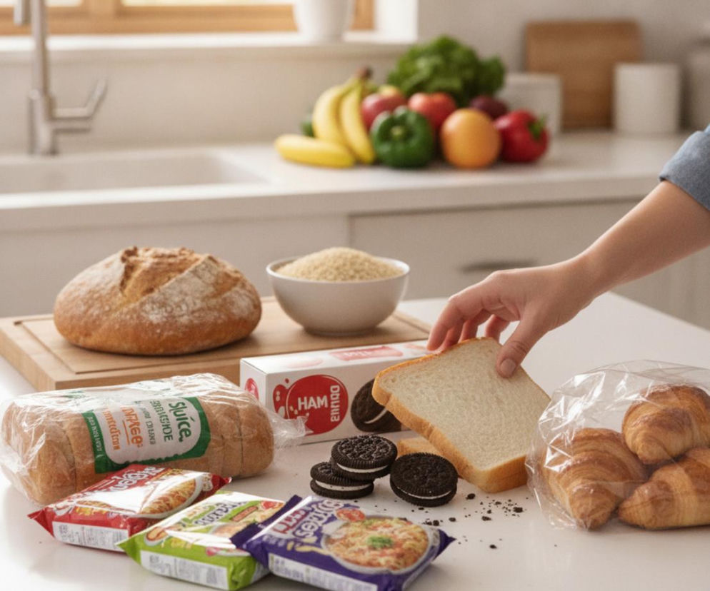 Ręka osoby sięgającej po białe pieczywo tostowe obok ciastek i dań instant. O wpływie diety na jelita czytaj w Poradnik Zdrowie.