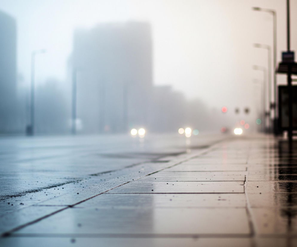 Mokry chodnik, pokryty kałużami i odbijający światło, stanowi pierwszy plan obrazu. Wzdłuż prawej krawędzi stoi ciemna wiata przystankowa, za którą w oddali widać niewyraźne, rozmazane światła uliczne i reflektory samochodów. Po lewej stronie ciągnie się droga z mokrą nawierzchnią, na której odbijają się zamazane, białe światła pojazdów. W tle majaczą niewyraźne, szare bryły budynków i latarnie uliczne, otoczone gęstą mgłą lub zamgleniem, rozdzielające się na chłodne, niebieskie tony po lewej i cieplejsze, brązowe po prawej.