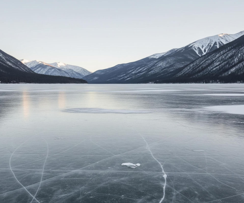 Rozległa, zamarznięta powierzchnia jeziora zajmuje większą część kadru, z wyraźnymi pęknięciami i rysami biegnącymi w różnych kierunkach, tworząc nieregularną siatkę. Na horyzoncie, po obu stronach jeziora, wznoszą się strome pasma górskie pokryte ciemnozielonymi drzewami iglastymi i miejscami zaśnieżonymi białym śniegiem. Niebo jest jasne, o delikatnym, pastelowym błękicie, a jego światło odbija się subtelnie na lodowej tafli.