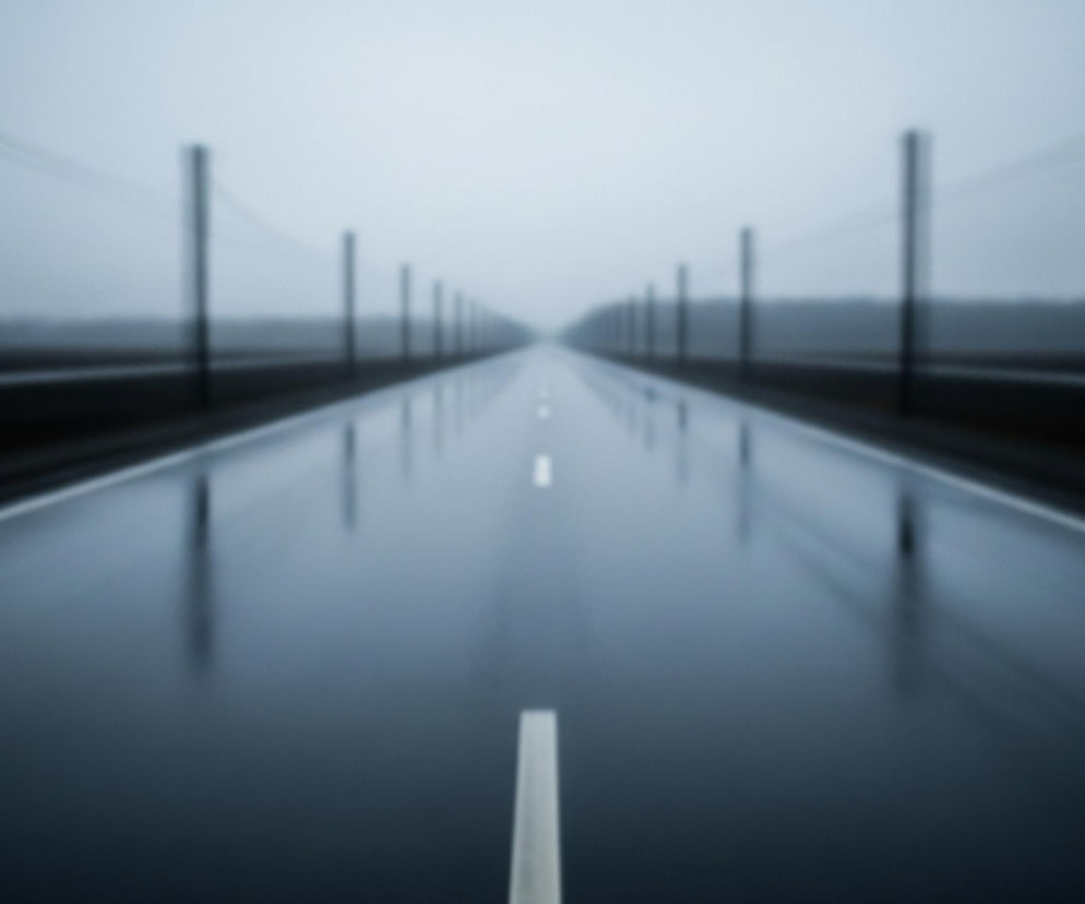 Ciemną, wilgotną drogę z rozmazanym tłem, tworzącym wrażenie ruchu. Na drodze widoczne są białe, przerywane linie, które biegną przez środek oraz ciągłe linie brzegowe, oddzielające jezdnię od poboczy. Po obu stronach drogi, w oddali, rozciągają się ciemne pasy drzew lub krzewów, a nad nimi unosi się mgliste, szare niebo. Wzdłuż drogi po obu stronach stoją słupy, które wraz z liniami energetycznymi na horyzoncie zlewają się w rozmazane smugi, podkreślając efekt szybkości.