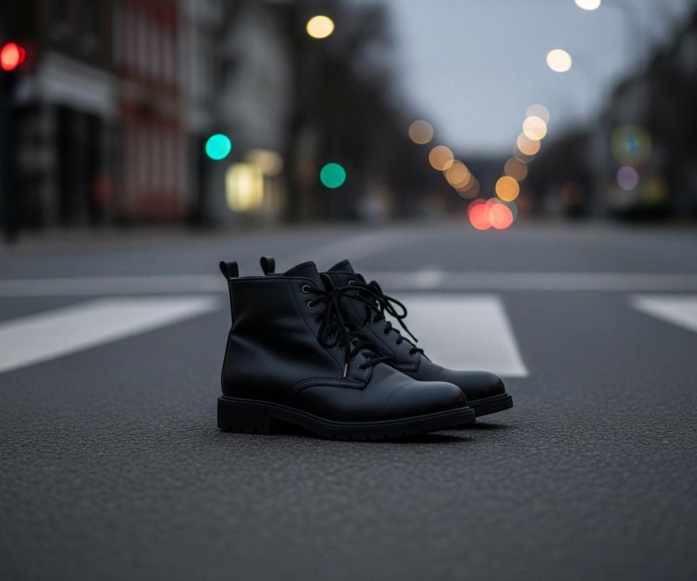 Na środku ciemnej asfaltowej ulicy, na tle wyraźnych białych pasów przejścia dla pieszych, stoi para czarnych, skórzanych botków. Buty są sznurowane, zwrócone przodem lekko w prawo. W tle rozmyta panorama miejskiej ulicy z licznymi, rozmazanymi światłami ulicznymi i sygnalizacyjnymi, w tym widocznym czerwonym światłem po lewej i zielonym pośrodku. Niebo nad ulicą jest szare, sugerując wieczorową porę lub pochmurny dzień.