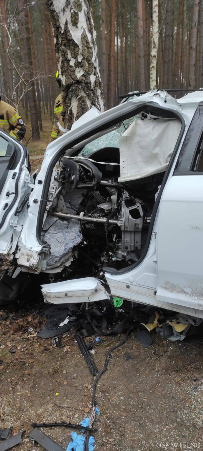 Groźny wypadek pod Bydgoszczą! Kierowca zakleszczony w aucie po uderzeniu w drzewo