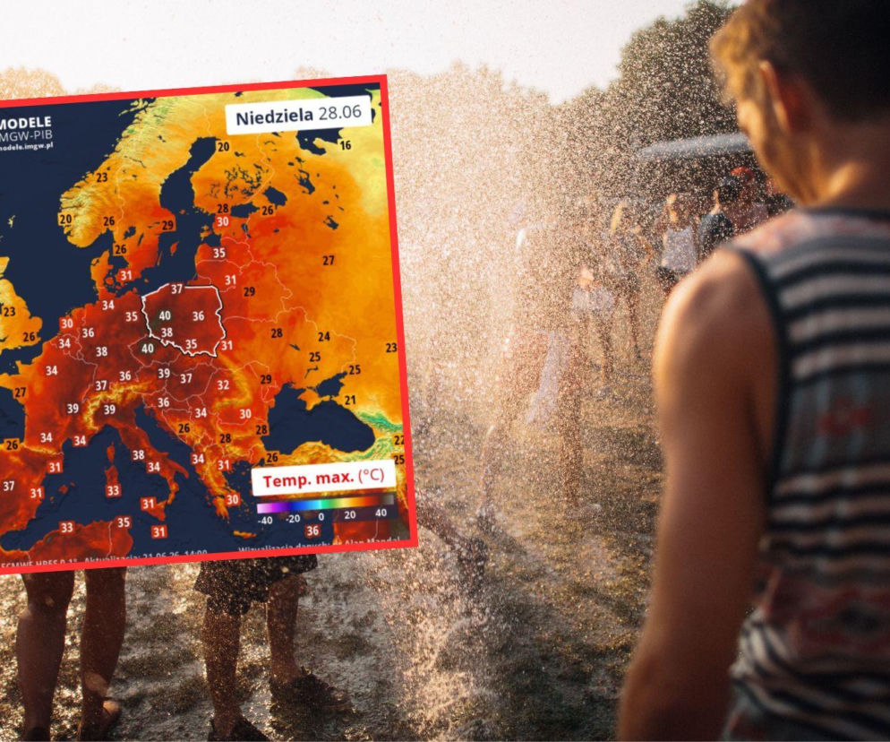 Osoby chłodzące się wodą podczas upałów, na tle mapy Europy z prognozą wysokich temperatur, ostrzegającą przed piekielną falą gorąca. Więcej o prognozach pogody na naszym portalu.