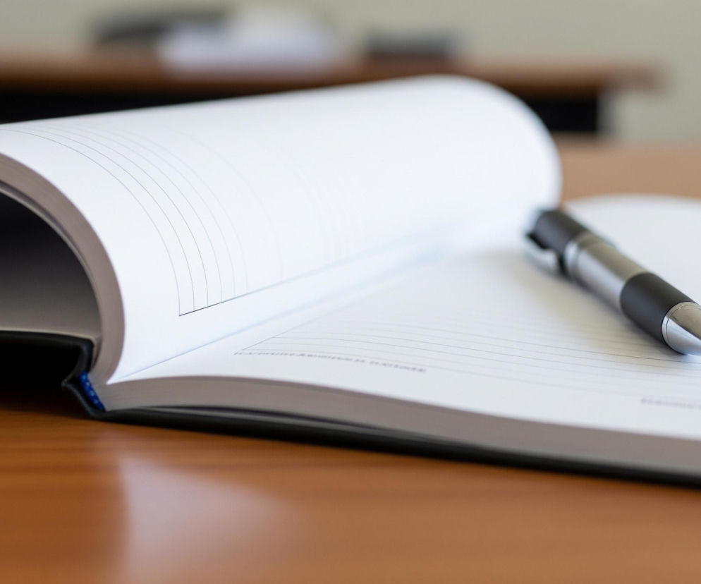 Na drewnianym, brązowym blacie leży otwarty notes w czarnej oprawie. Notes jest otwarty w połowie, ukazując białe, zadrukowane strony z wyraźnymi poziomymi liniami. Po prawej stronie notesu, na kartce, leży srebrno-czarny długopis. Tło jest rozmyte, widoczny jest jasny, niewyraźny kształt.