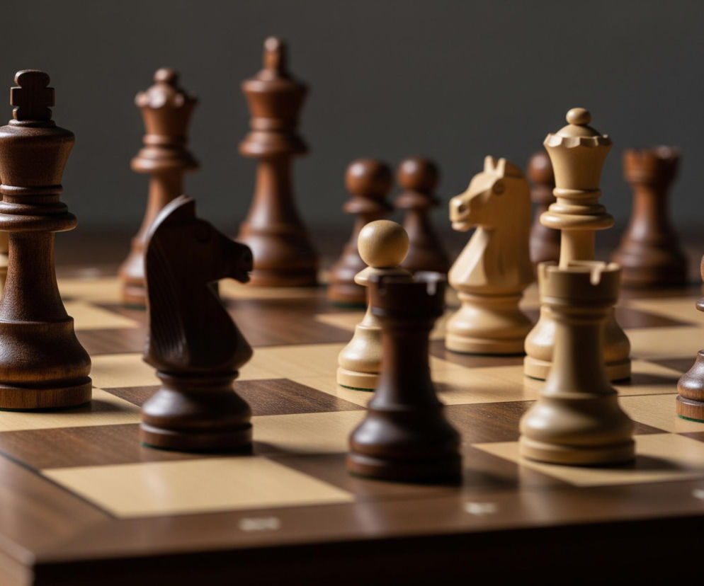 Centralnie na pierwszym planie stoi ciemnobrązowy król szachowy, z rzeźbionym krzyżem na szczycie. Wokół niego, na drewnianej szachownicy o naprzemiennych jasnych i ciemnych polach, rozmieszczone są figury szachowe obu kolorów – ciemnego brązu i jasnego drewna. Większość figur w tle jest rozmyta, lecz można rozpoznać konia, wieże, piony oraz hetmany. Tło stanowi jednolita, ciemnoszara powierzchnia, lekko jaśniejsza u góry.