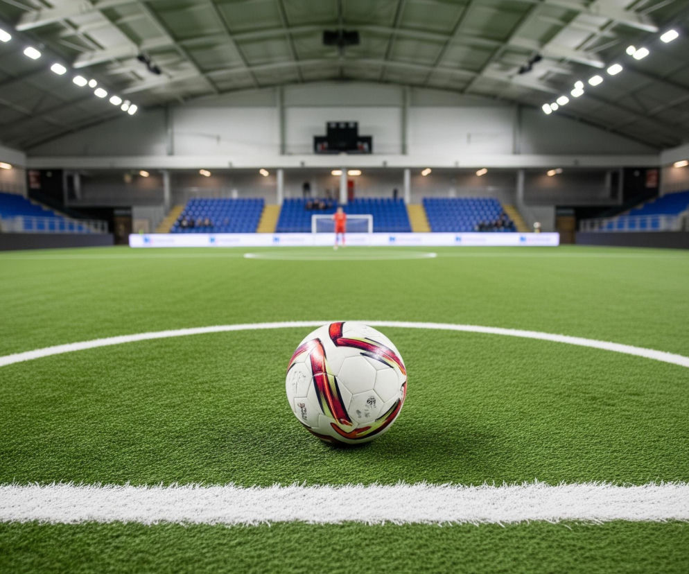 Piłka nożna leży na zielonej, sztucznej trawie boiska, dokładnie na białej linii wyznaczającej centralne koło. Piłka jest biała z czerwono-złotymi wzorami i widocznym logo. W tle rozciąga się przestronna hala sportowa z szarym, wysokim dachem, na którym rozmieszczone są rzędy jasnych lamp. Po obu stronach boiska znajdują się rzędy pustych, niebieskich trybun, a na jednej z nich widać kilka niewyraźnych postaci. Na końcu boiska, pośrodku, stoi biała bramka, a przed nią niewyraźna postać w czerwonej bluzce i czarnych spodenkach.