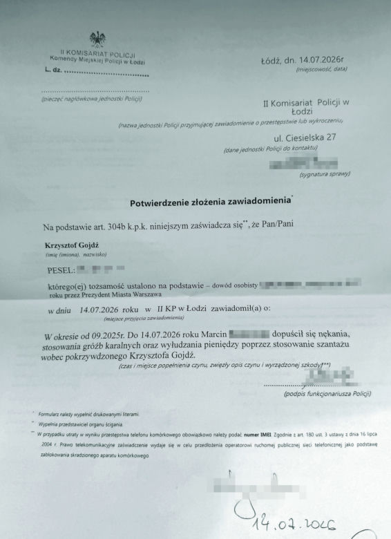 Krzysztof Gojdź boi się o swoje życie