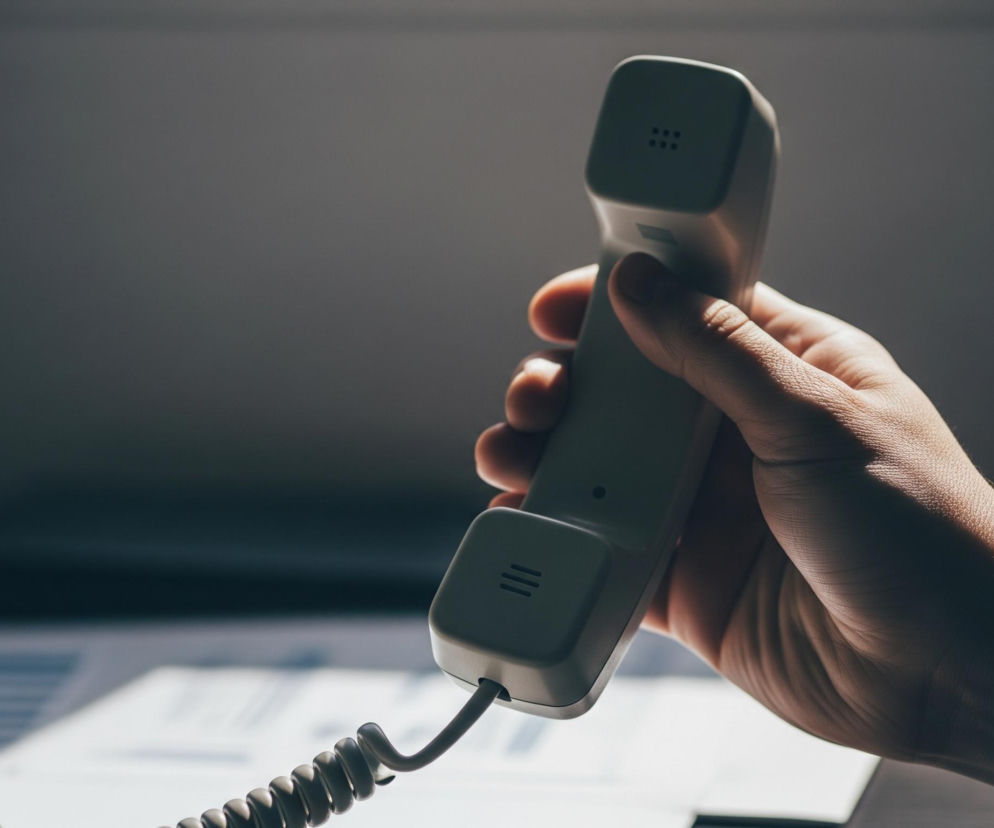 Ręka w ciemnej marynarce i białej koszuli trzyma beżową słuchawkę telefonu stacjonarnego, która jest głównym, centralnie umieszczonym obiektem. Od słuchawki wychodzi czarny, spiralny kabel. W tle, częściowo rozmazane, widać białe dokumenty i fragment klawiatury. Całość jest oświetlona z góry, tworząc wyraźne cienie i silne kontrasty.