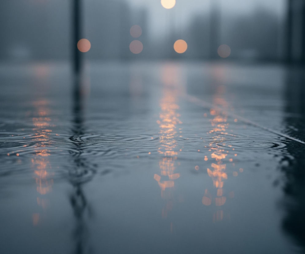 Powierzchnia chodnika lub jezdni jest mokra od deszczu, pokryta licznymi, rozchodzącymi się koncentrycznie falami i kroplami. Odległe, rozmyte światła w kolorze pomarańczowym i żółtym odbijają się w kałużach, tworząc świetliste, smugi i plamy. Tło jest zamglone i utrzymane w ciemnych, szaro-niebieskich odcieniach, z niewyraźnymi konturami wysokich budynków lub drzew. Całość oddaje atmosferę deszczowego wieczoru lub nocy.