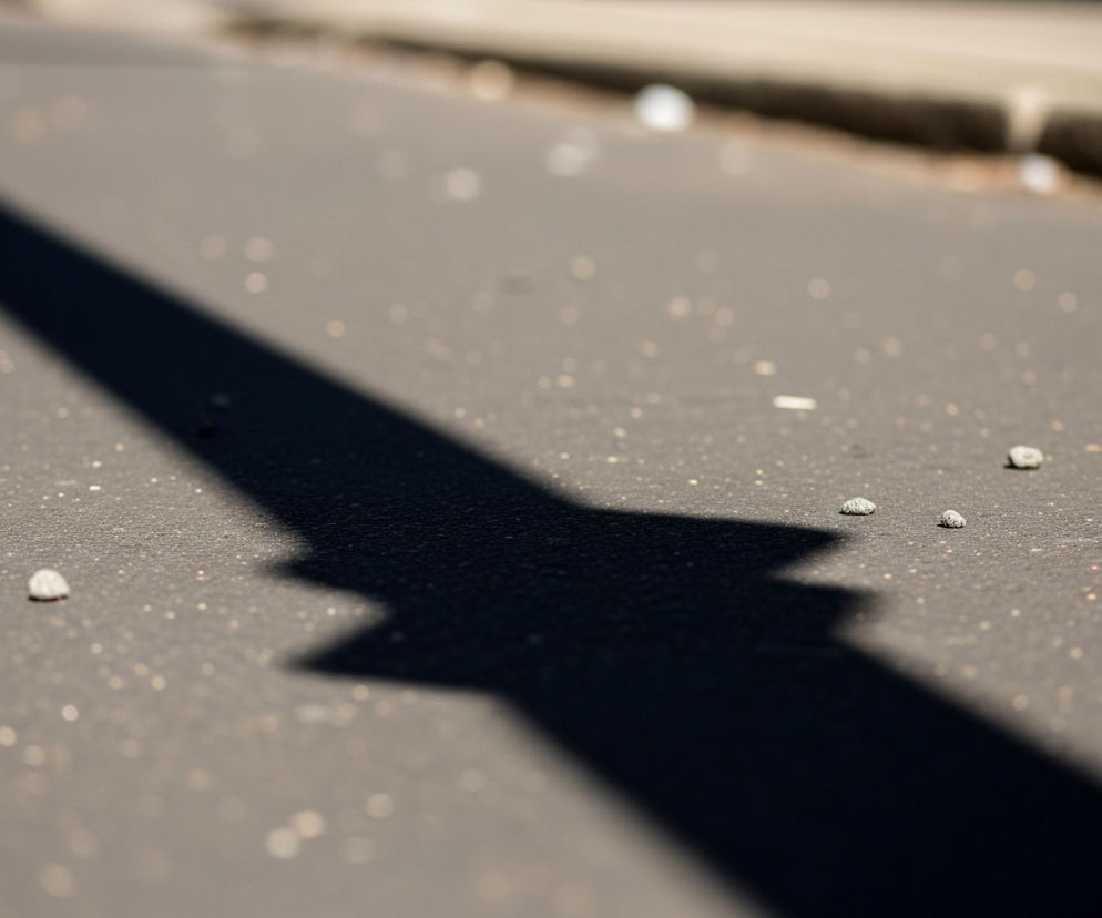 Ciemny, wydłużony cień z charakterystycznym zagięciem w kształcie litery „V” w środkowej części rozciąga się przez dolną i środkową część asfaltowej nawierzchni. Asfalt ma szaro-brązowy kolor i jest pokryty drobnymi, jasnymi punkcikami. W tle widoczny jest rozmyty, jasny krawężnik, oddzielający nawierzchnię od jeszcze jaśniejszego, niewyraźnego obszaru po prawej stronie. Na asfalcie rozsiane są drobne kamyczki i inne niewielkie śmieci.