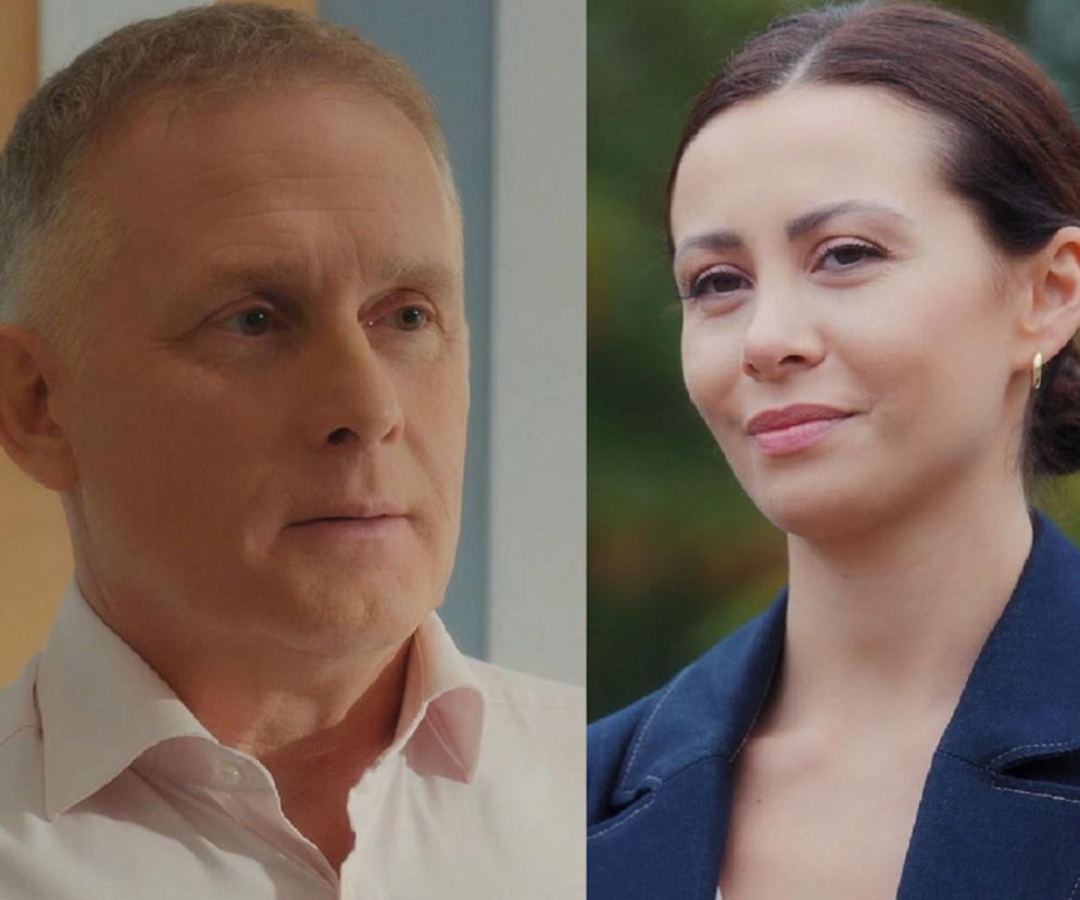 Podzielony kadr: po lewej stronie Artur Rogowski (Robert Moskwa) w jasnej koszuli, patrzący lekko w prawo, z poważnym wyrazem twarzy. Po prawej Joanna Dobrzańska (Dominika Sakowicz) w ciemnej marynarce, uśmiechnięta, z włosami upiętymi w kok, patrząca lekko w lewo. Dowiedz się więcej o M jak miłość na Super Seriale.