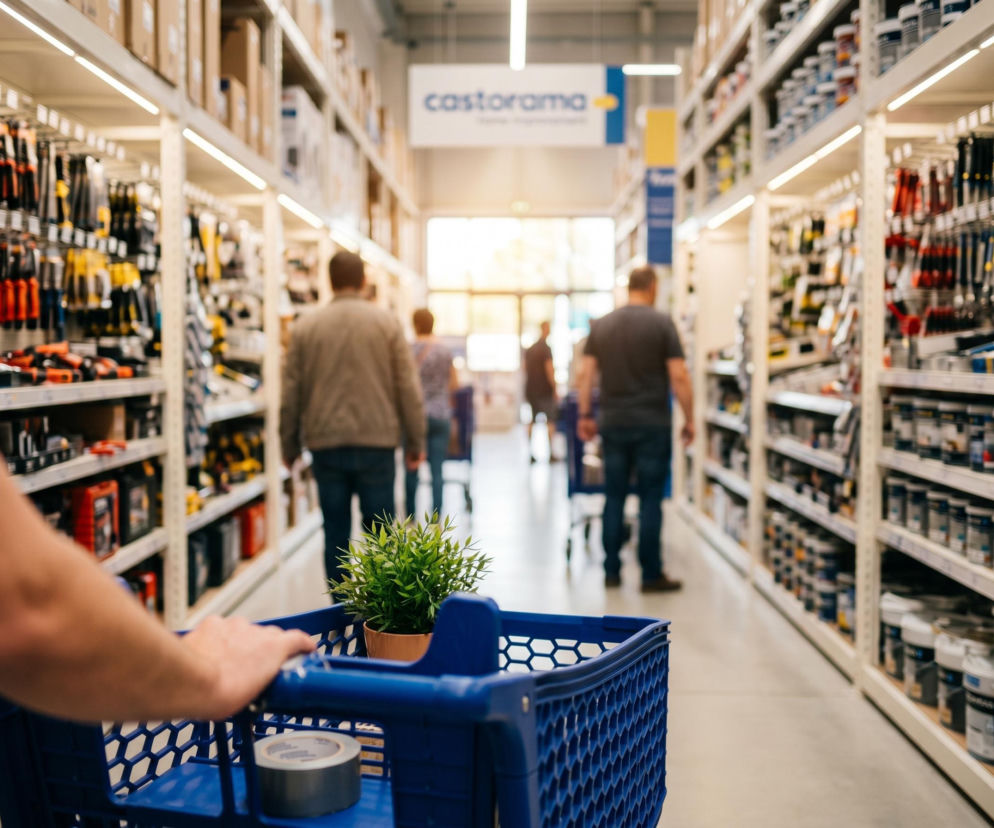 Wózek sklepowy z rośliną w doniczce i taśmą, prowadzony w markecie budowlanym Castorama. Klienci robią zakupy wśród regałów z narzędziami i farbami, przygotowując się do prac podczas majówki. Więcej o godzinach otwarcia sklepów przeczytasz na portalu Super Biznes.