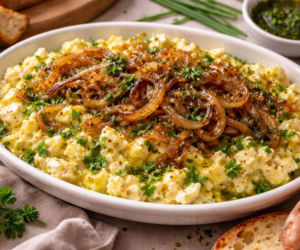 Pasta jajeczna z karmelizowaną cebulą i olejem ziołowym