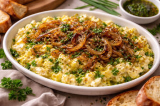 Pasta jajeczna z karmelizowaną cebulą i olejem ziołowym – klasyka, która nagle smakuje jak z restauracji