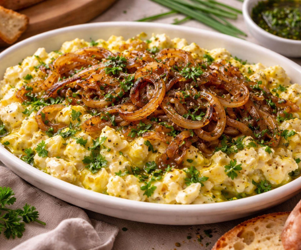 Pasta jajeczna z karmelizowaną cebulą i olejem ziołowym – klasyka, która nagle smakuje jak z restauracji