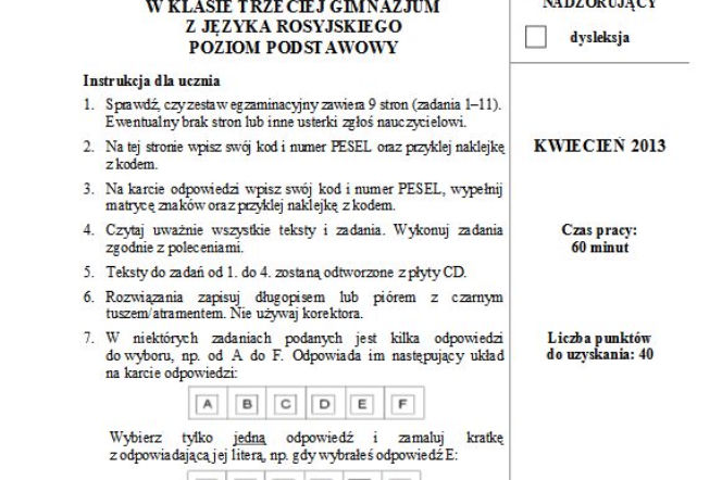 EGZAMIN GIMNAZJALNY 2013 JĘZYK ROSYJSKI podstawowy