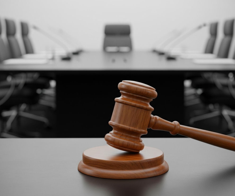 Na pierwszym planie, z prawej strony, leży drewniany młotek sędziego wraz z okrągłą podstawką, wszystko w ciepłym, brązowym odcieniu. Obiekty te spoczywają na ciemnoszarym, gładkim blacie stołu. W tle, rozmazane i pozbawione ostrości, widoczny jest długi, ciemny stół konferencyjny otoczony licznymi, czarnymi, wysokimi krzesłami biurowymi. Za stołem widać jasną ścianę, a całe tło jest wyraźnie zdepozycjonowane, kontrastując z ostrością młotka.