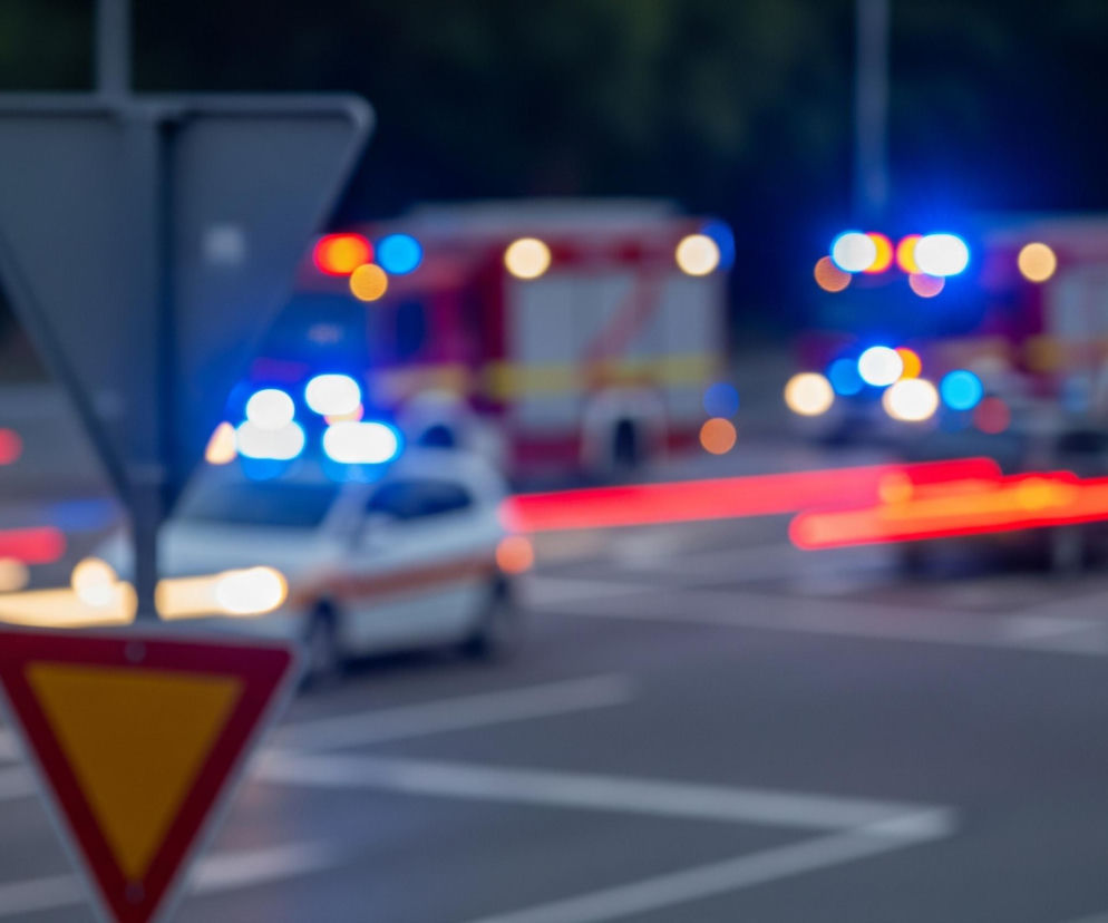Zamazane zdjęcie przedstawia skrzyżowanie nocą, gdzie widoczne są ślady świateł pojazdów oraz kilka samochodów służb ratunkowych z włączonymi sygnałami świetlnymi. Na pierwszym planie, w lewym dolnym rogu, znajduje się niewyraźny znak drogowy w kształcie trójkąta z czerwonym obramowaniem i żółtym wnętrzem. Na środku kadru widoczny jest zamazany biały samochód z niebieskimi światłami awaryjnymi na dachu oraz pomarańczowym paskiem biegnącym wzdłuż jego boku. Dalej na prawo i w tle, również zamazane, stoją dwa większe czerwone pojazdy z włączonymi czerwonymi i niebieskimi światłami sygnalizacyjnymi. Długie, rozmazane smugi światła, głównie czerwone i pomarańczowe, przecinają kadr poziomo, co sugeruje ruch innych pojazdów.
