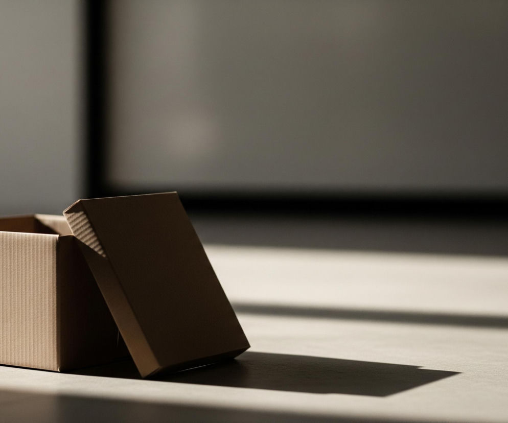W centralnej części obrazu znajduje się otwarte, brązowe pudełko kartonowe, z klapą lekko uniesioną i opierającą się o jego bok. Pudełko stoi na jasnej powierzchni, która przypomina blat lub podłogę. Silne światło pada z lewej strony, tworząc długi cień pudełka, rozciągający się w prawą stronę obrazu. W tle widoczna jest ciemniejsza, szara ściana, na której rysuje się wyraźny, pionowy czarny kształt.