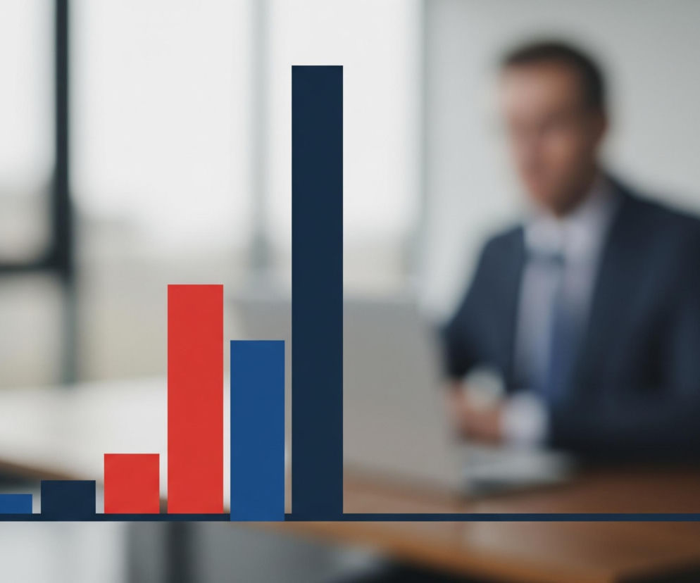 Na pierwszym planie widoczny jest wykres słupkowy z sześcioma słupkami o różnej wysokości, z których cztery są ciemnogranatowe, a dwa są czerwone, oraz jeden niebieski, umieszczone na ciemnogranatowej linii poziomej. W tle, rozmazany, widać mężczyznę w garniturze i krawacie, siedzącego przy drewnianym biurku i patrzącego w kierunku otwartego laptopa. Za nim znajduje się duże okno, przez które widać rozmyte, jasne tło.