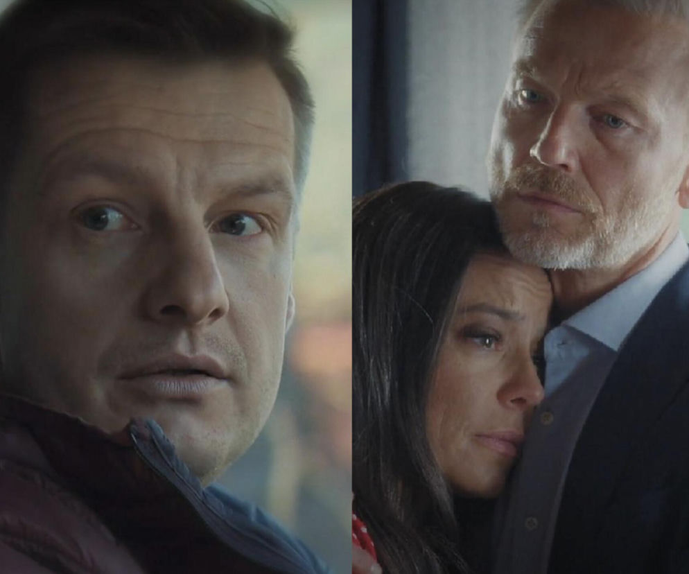 Paweł Zduński w kurtce, spoglądający w dal, oraz Magda i Andrzej Budzyńscy w uścisku, z widoczną troską. Scena z serialu M jak miłość, gdzie Budzyńscy szukają Pawła po śmierci Franki, co dokładnie opisują Super Seriale.