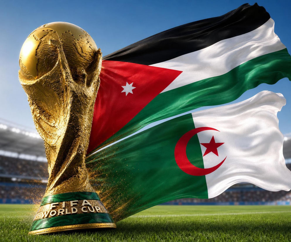Złote trofeum Pucharu Świata FIFA na zielonej murawie stadionu, z powiewającymi w tle flagami Jordanii (czarny, biały, zielony z czerwonym trójkątem i białą gwiazdą) oraz Algierii (zielono-biała z czerwonym półksiężycem i gwiazdą). Więcej o Mundialu 2026 na naszym portalu.