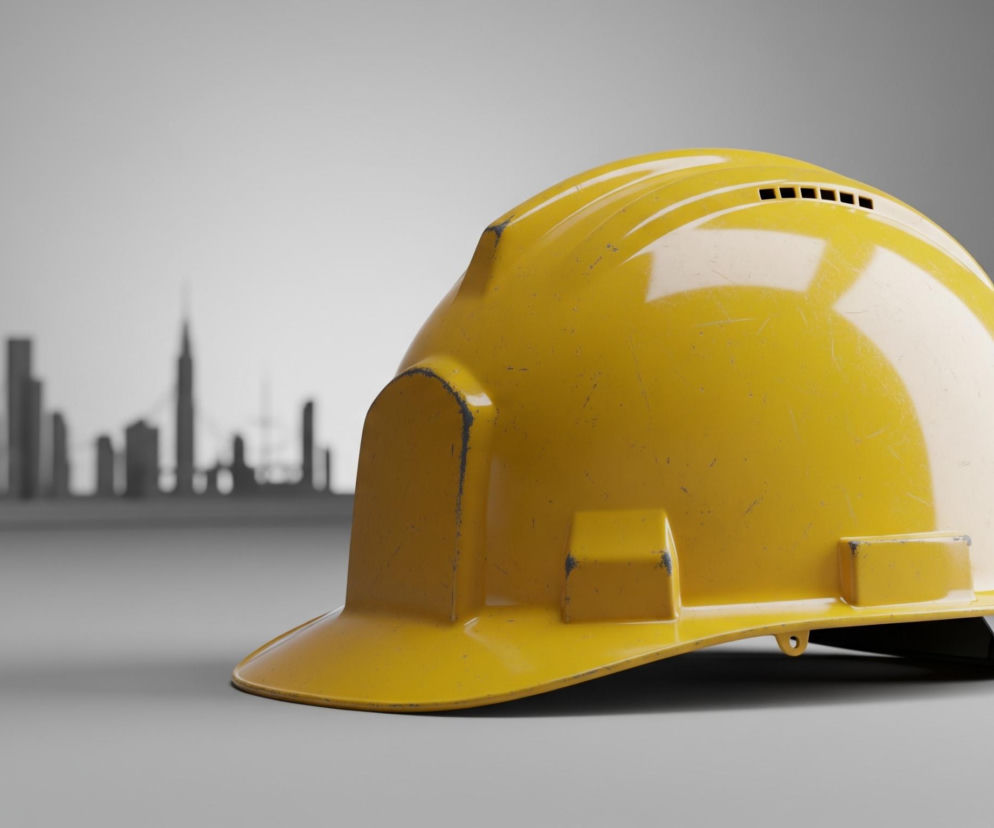 Żółty kask budowlany leży na jasnoszarym, gładkim podłożu, zajmując prawą stronę kadru. Na jego powierzchni widoczne są liczne zadrapania i przetarcia, a także ciemniejsze ślady, zwłaszcza przy krawędziach i elementach konstrukcyjnych. W tle, po lewej stronie, rozciąga się zamazana, ciemnoszara sylwetka panoramy miasta z wieżowcami, kontrastująca z jaśniejszym, rozmytym tłem. Obiekt jest oświetlony w taki sposób, że na górnej części kasku pojawiają się białawe odblaski, a pod nim widoczny jest delikatny cień.