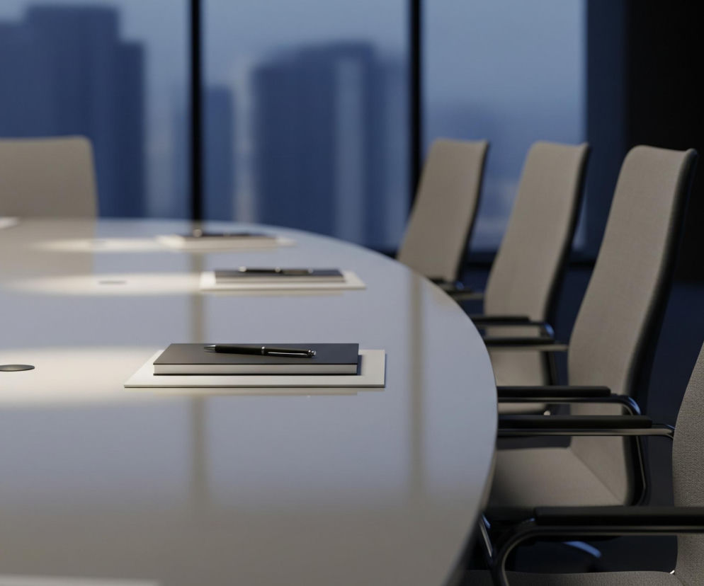 Owalny, biały stół konferencyjny z zaokrąglonym brzegiem dominuje pierwszy plan i rozciąga się w głąb obrazu, podświetlony reflektorami padającymi na jego powierzchnię. Na stole, w regularnych odstępach, leżą czarne notatniki z długopisami na białych podkładkach, a także małe, czarne prostokątne obiekty. Po prawej stronie stołu widać rząd nowoczesnych krzeseł z szarym, teksturowanym obiciem i czarnymi podłokietnikami na metalowych, czarnych ramach. W tle za stołem i krzesłami rozpościera się duże okno, przez które widać zarys miejskiego krajobrazu z wysokimi budynkami, wszystko w odcieniach błękitu i granatu, sugerujące porę zmierzchu lub nocy.