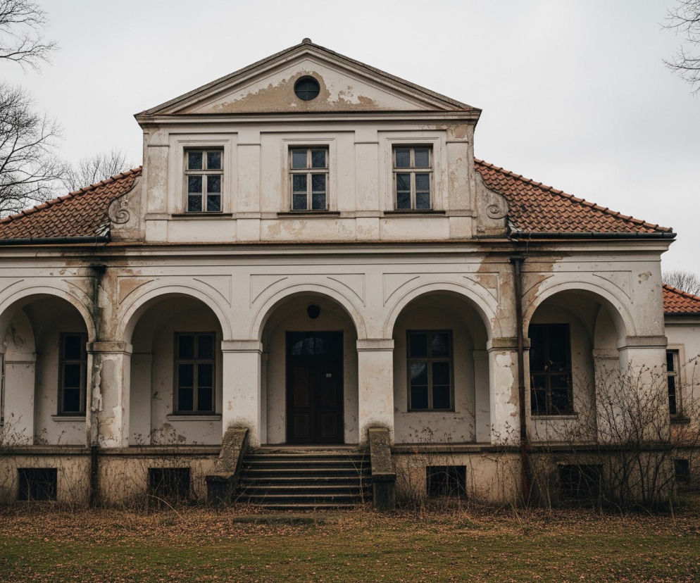 Stary, zniszczony budynek o jasnych, popękanych ścianach, z pomarańczowym dachem pokrytym dachówkami. Centralną część fasady zdobią cztery łukowate arkady, a pod nimi schody prowadzące do ciemnych drzwi wejściowych. Powyżej, w piętrze, znajdują się trzy prostokątne okna, a na szczycie frontonu okrągłe okno, wszystko otoczone białym tynkiem. Budynek otoczony jest suchą, trawiastą ziemią pokrytą opadłymi liśćmi oraz nagimi drzewami z ciemnymi gałęziami po bokach i w tle, pod ponurym, szarym niebem.
