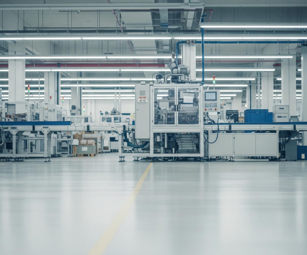 Wnętrze dużego, jasnego, nowoczesnego zakładu produkcyjnego z licznymi maszynami rozmieszczonymi wzdłuż linii produkcyjnych. Dominują odcienie szarości i bieli, a podłoga jest gładka, lśniąca i odbijająca światło. Przez środek podłogi biegnie długa, żółta linia. Sufit jest gęsto oświetlony rzędami poziomych, prostokątnych lamp fluorescencyjnych, a także widoczne są niebieskie i czerwone rury instalacyjne oraz białe słupy podtrzymujące konstrukcję. Na pierwszym planie po lewej stronie znajduje się segment maszyny z przezroczystymi panelami i widocznym mechanizmem wewnątrz, zakończony pionową lampą sygnalizacyjną z czerwonym, żółtym i zielonym światłem, z czego zielone jest zapalone.