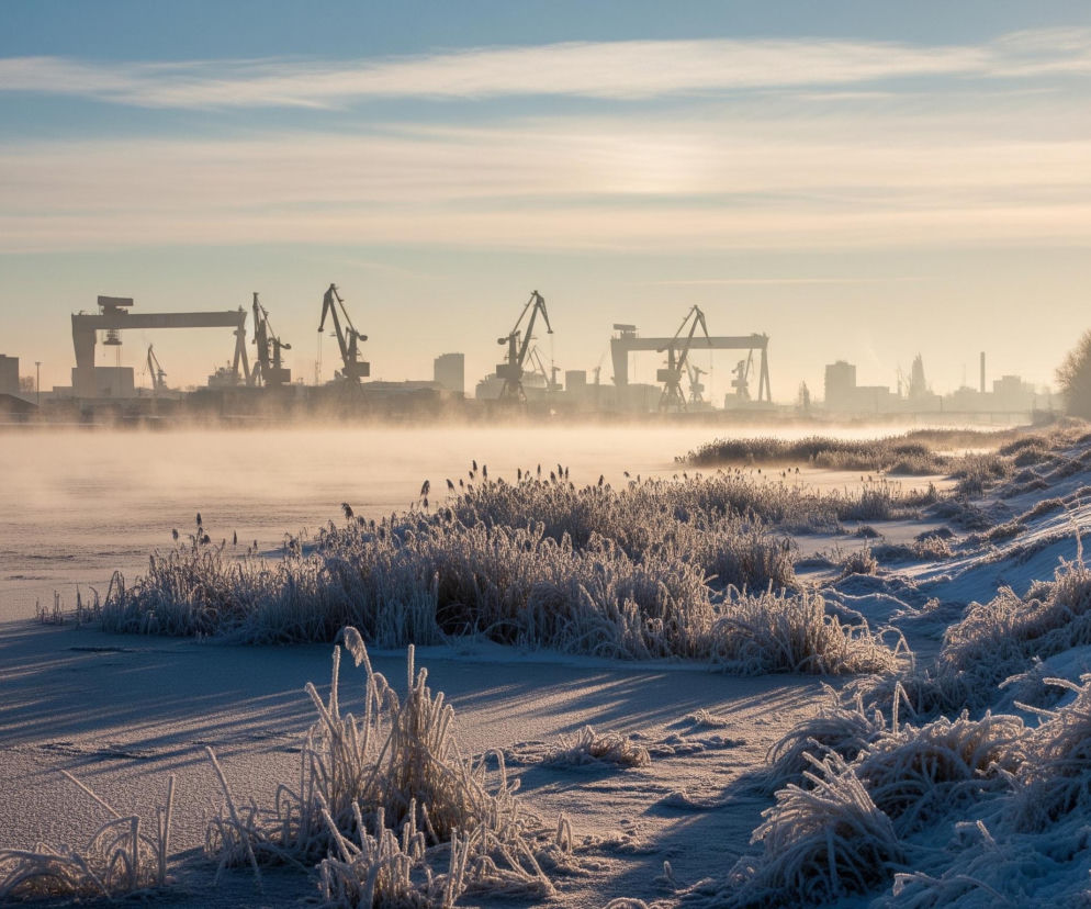Kobieta w ciemnej kurtce z kapturem idzie po zaśnieżonej ścieżce po prawej stronie kadru, zwrócona plecami do obserwatora. Ścieżka jest częścią pokrytego szronem brzegu rzeki lub kanału, z którego unosi się mgła. Na pierwszym planie, wzdłuż brzegu, rosną kępy trzcin i trawy, również pokryte białym szronem, oświetlone promieniami nisko wiszącego słońca, rzucającego długie cienie na śnieg. W tle widoczna jest panorama portowego miasta z licznymi dźwigami i budynkami, zacierająca się w porannej mgle i jasnym, pastelowym niebie z poziomymi smugami chmur.