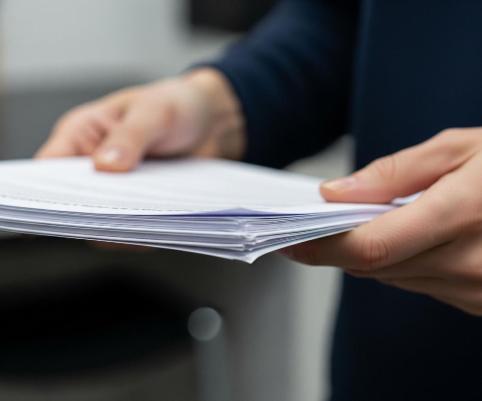 Dwie jasne dłonie osoby o jasnej karnacji trzymają plik białych kartek. Lewa dłoń podtrzymuje dolną część pliku od spodu, a prawa dłoń chwyta górną część od boku, z palcami częściowo zakrytymi przez papier. Osoba nosi ciemnogranatową bluzę lub koszulę, widoczną w tle po prawej stronie. Tło po lewej jest rozmyte, z jasnoszarymi i ciemniejszymi obszarami, sugerującymi wnętrze pomieszczenia z biurkiem i possibly jasnym punktem świetlnym.